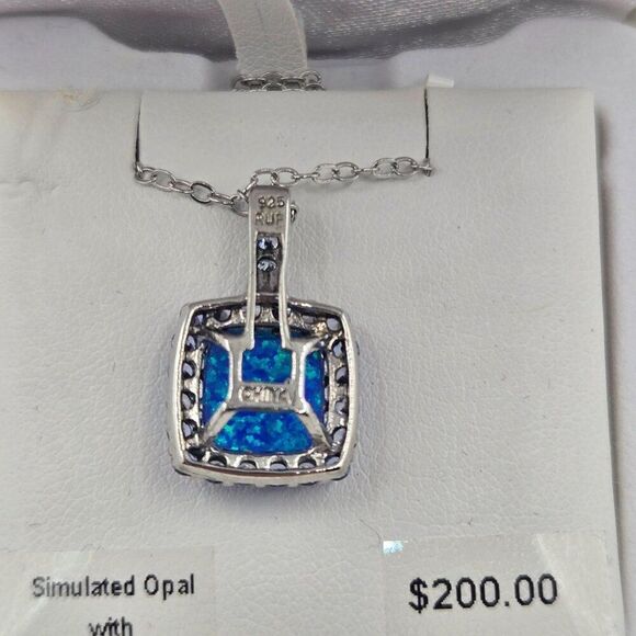 New Simulated Opal Cubic Zirconia Pendant Necklace Sterling Silver Chain - Picture 4 of 4